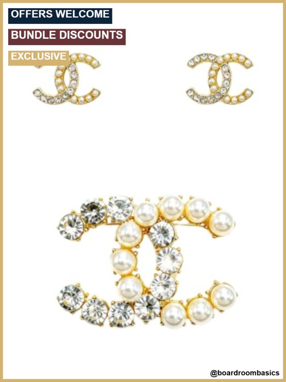Pearl & Crystal Rhinestone Brooch and Stud Earrings Jewelry Set